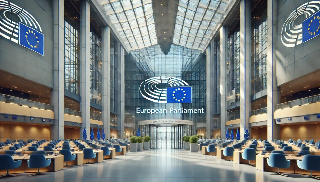 dall·e 2024 11 16 15.21.26 an interior view of the entrance to the european parliament, showcasing a grand and modern space. the design features high ceilings, glass walls, and